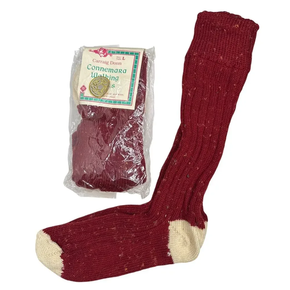 1980s Vintage Carraig Donn Irish Wool Knee-High Socks Red NEW 2 pairs NWT Size L
